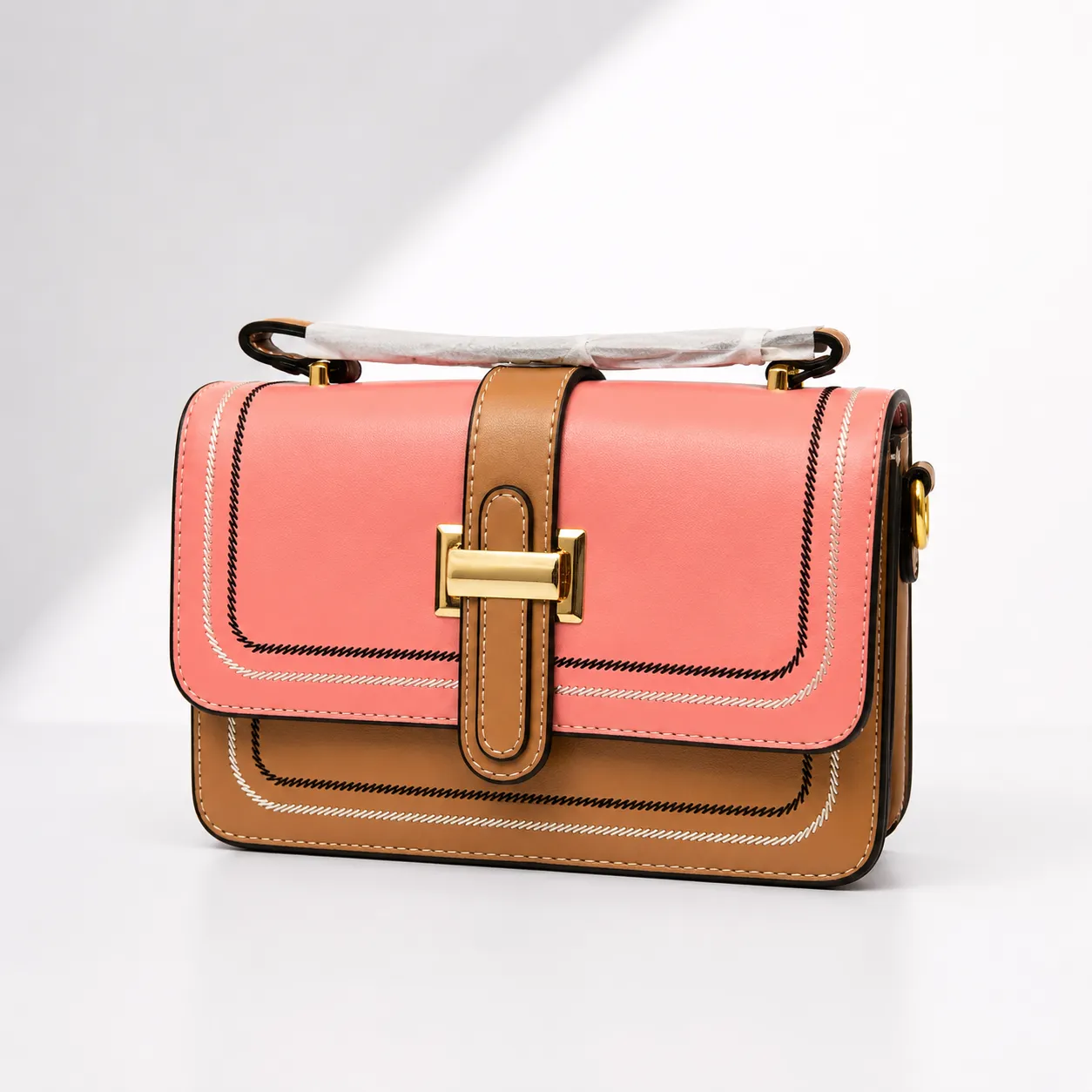 Two-Tone Pink & Tan Stitch-Detail Crossbody Bag