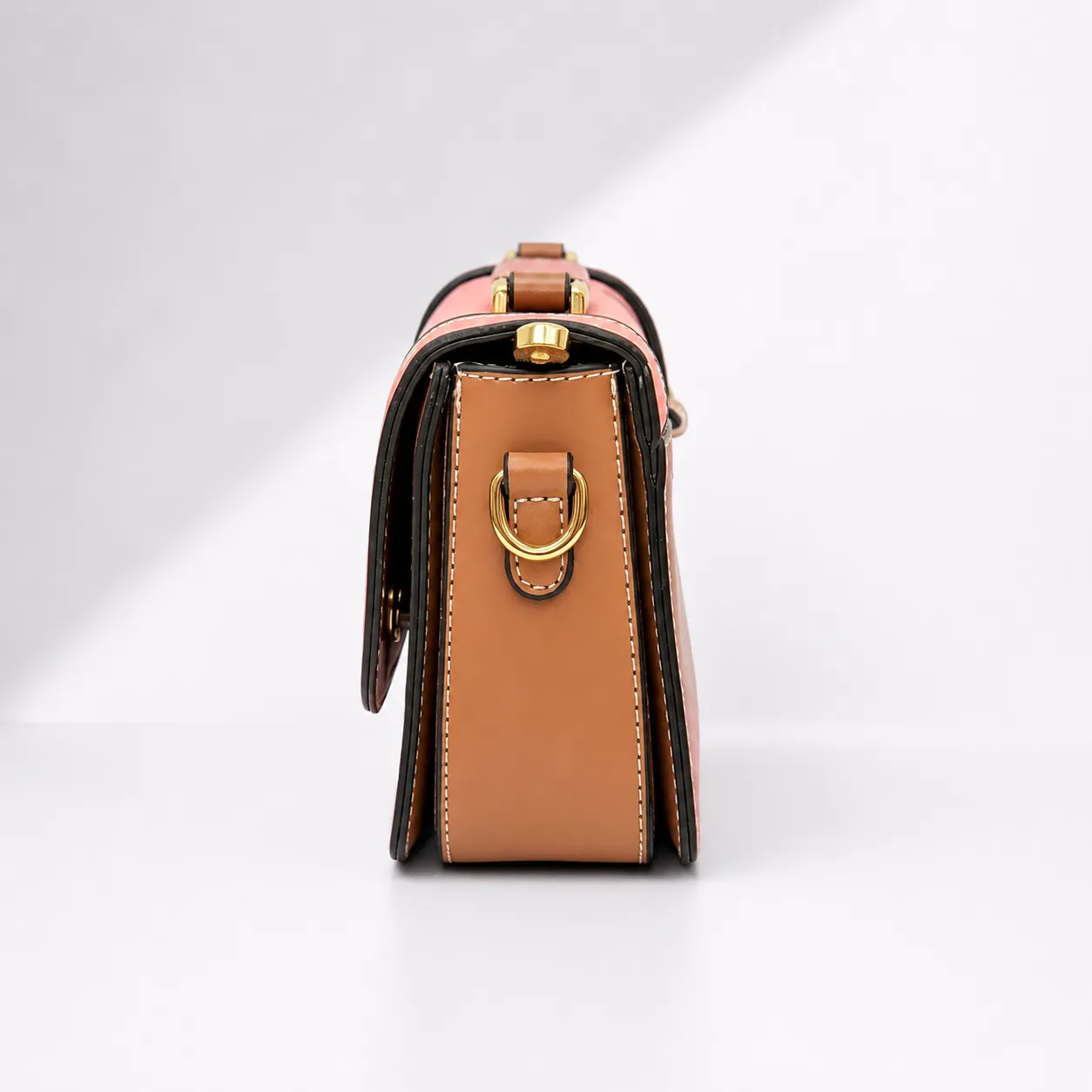 Two-Tone Pink & Tan Stitch-Detail Crossbody Bag