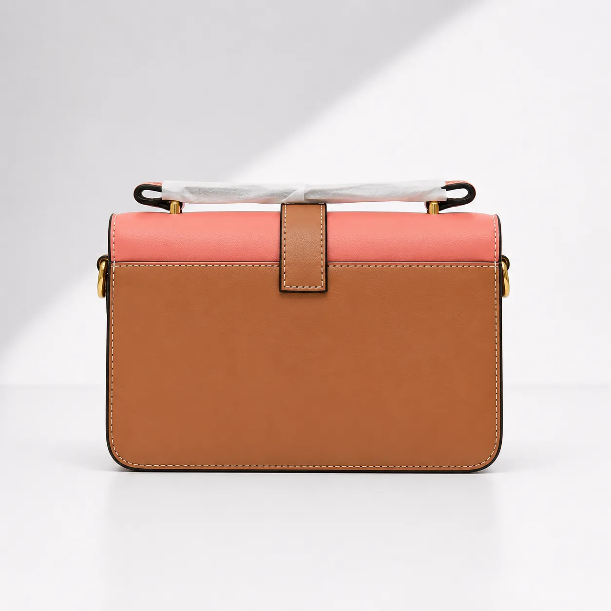 Two-Tone Pink & Tan Stitch-Detail Crossbody Bag