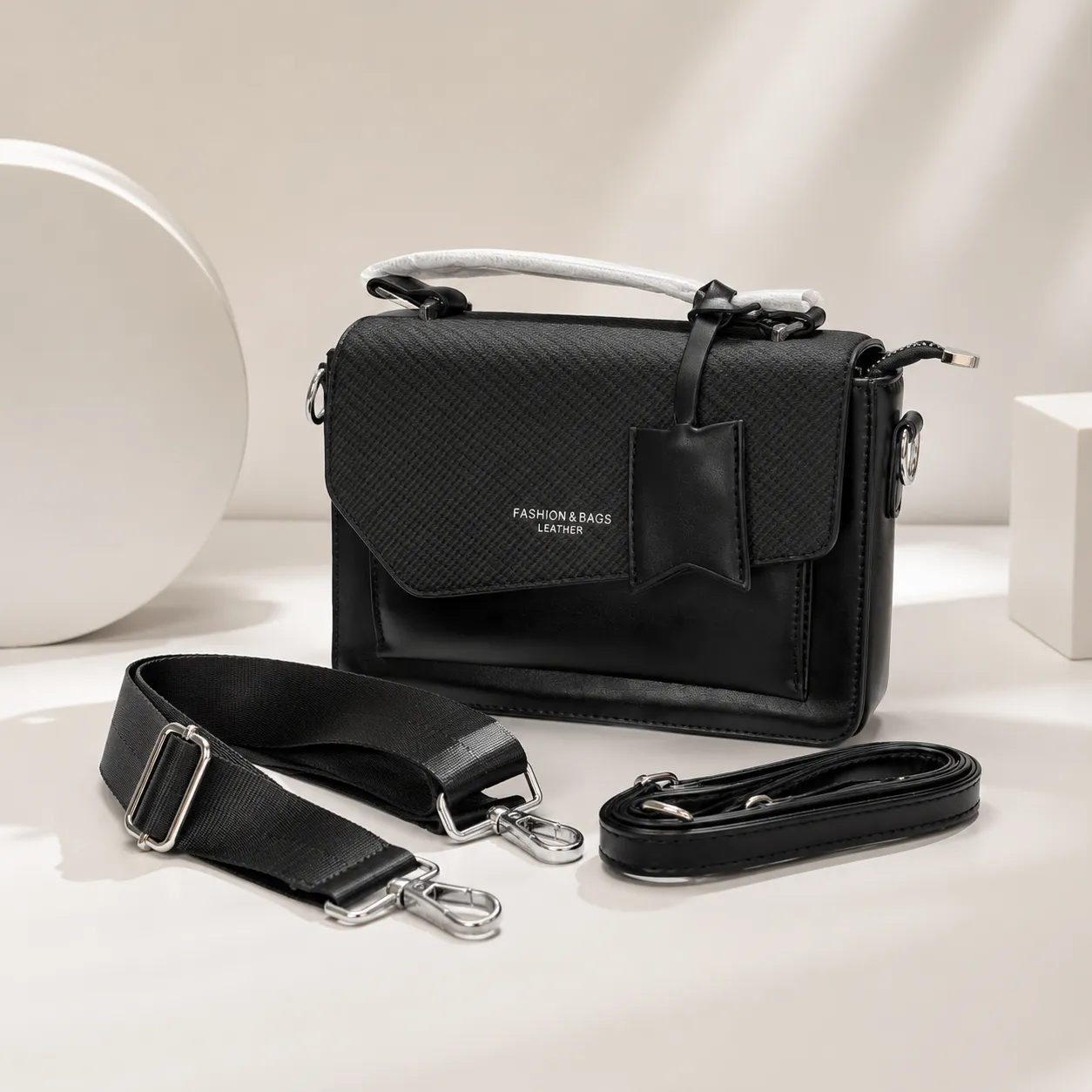 Fashion & Bags Leather Black Textured Flap Crossbody Bag
