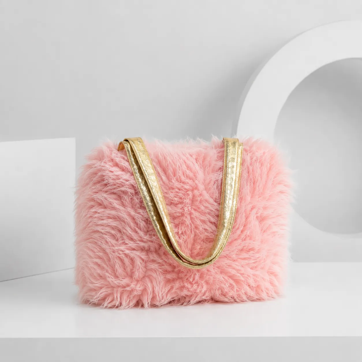 Pink Faux Fur Fluffy Tote Bag with Gold Straps