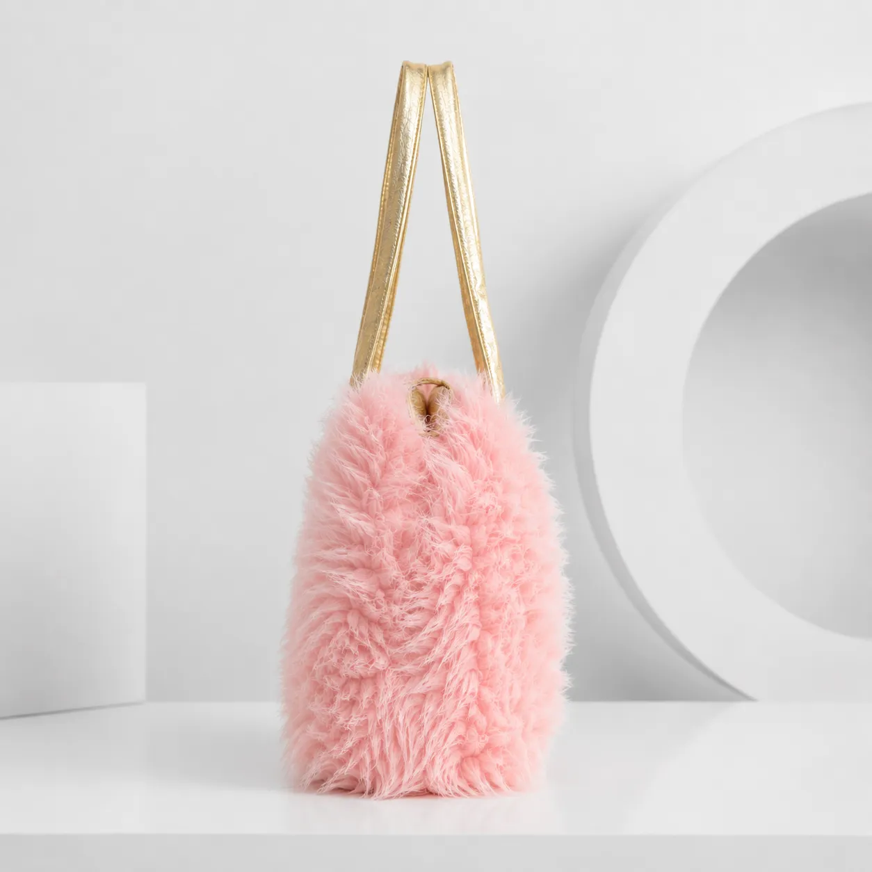 Pink Faux Fur Fluffy Tote Bag with Gold Straps