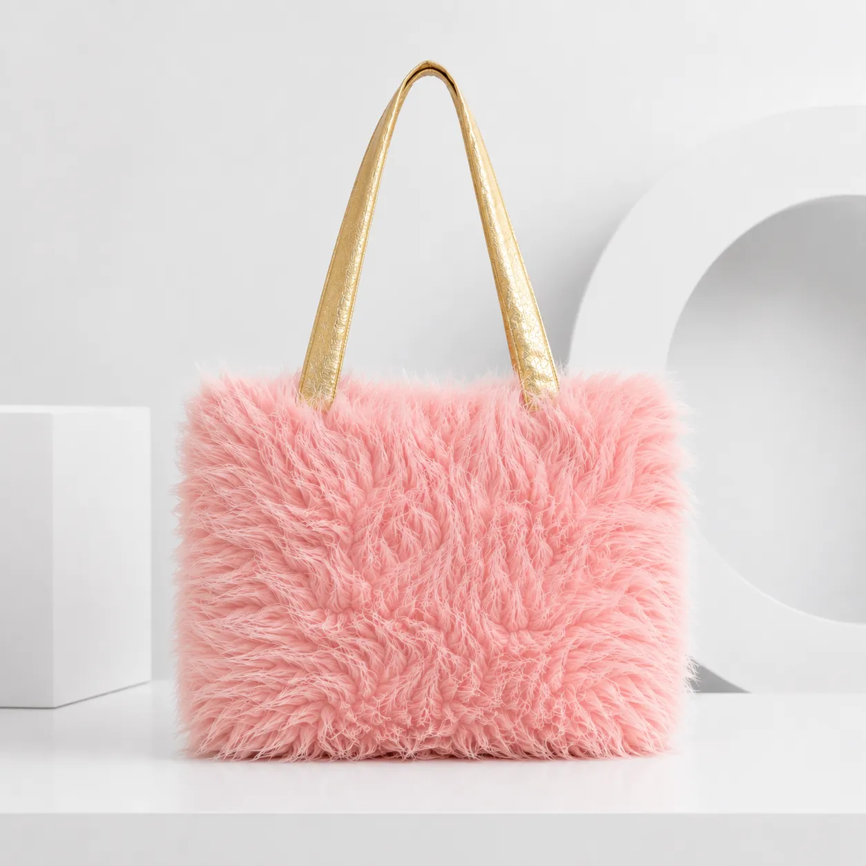 Pink Faux Fur Fluffy Tote Bag with Gold Straps