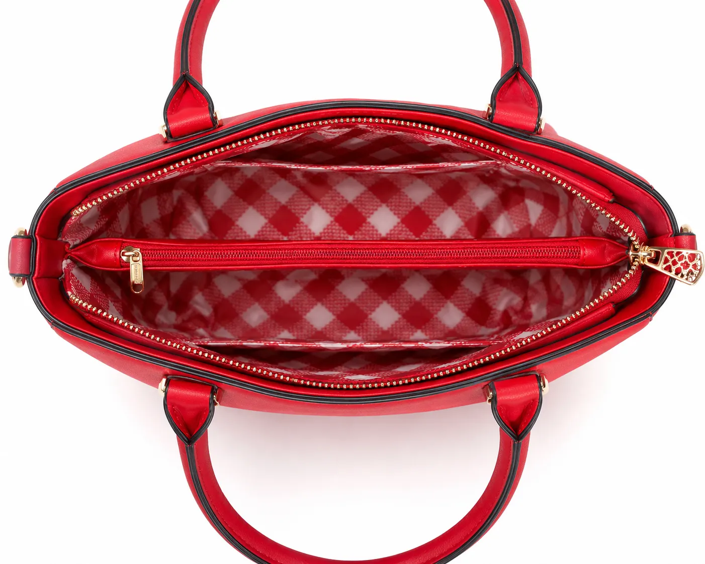 Red Saffiano Textured Satchel with Gingham Lining