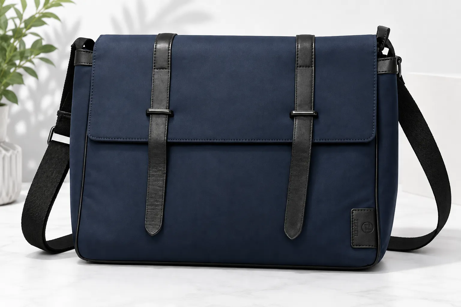 Hexier Navy Blue Leather Trim Messenger Laptop Bag