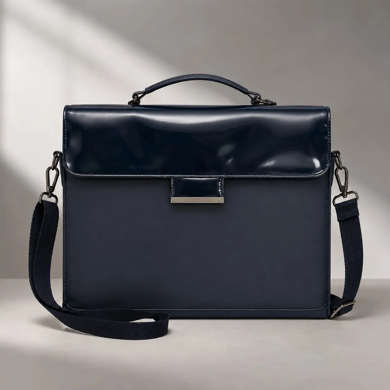 Navy Blue Two-Tone Patent Leather Structured Briefcase Bag