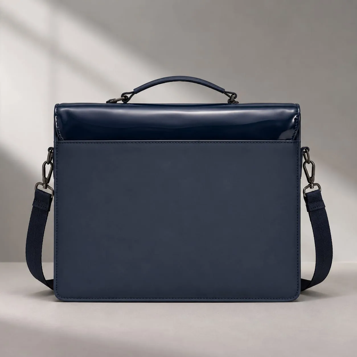 Navy Blue Two-Tone Patent Leather Structured Briefcase Bag