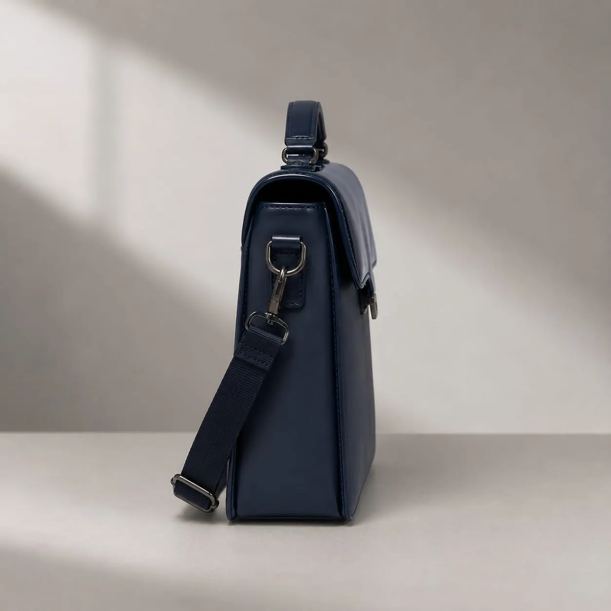 Navy Blue Two-Tone Patent Leather Structured Briefcase Bag