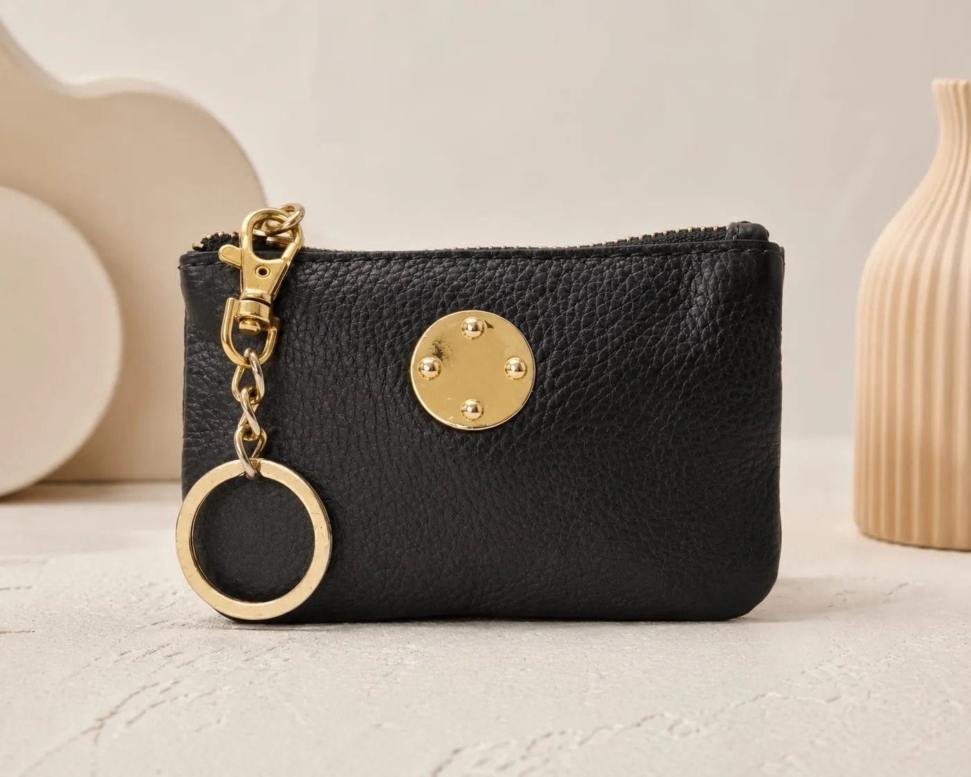 Black Pebbled Leather Coin Purse with Keychain