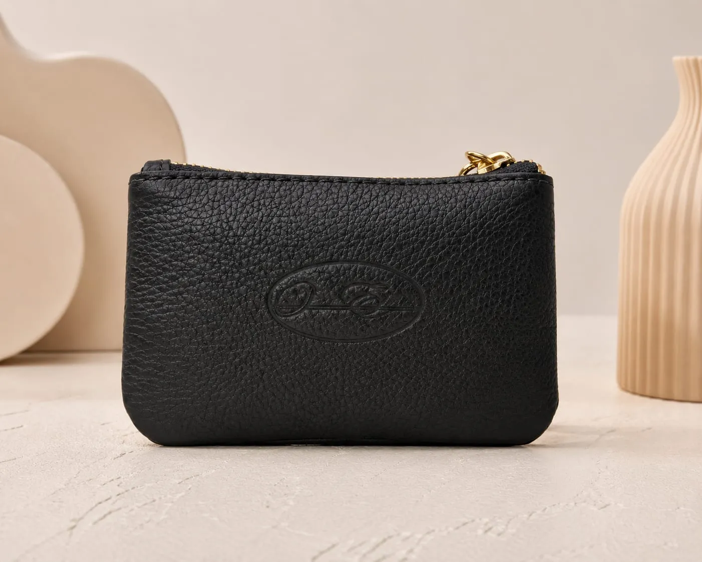 Black Pebbled Leather Coin Purse with Keychain