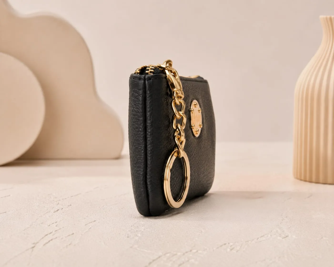 Black Pebbled Leather Coin Purse with Keychain