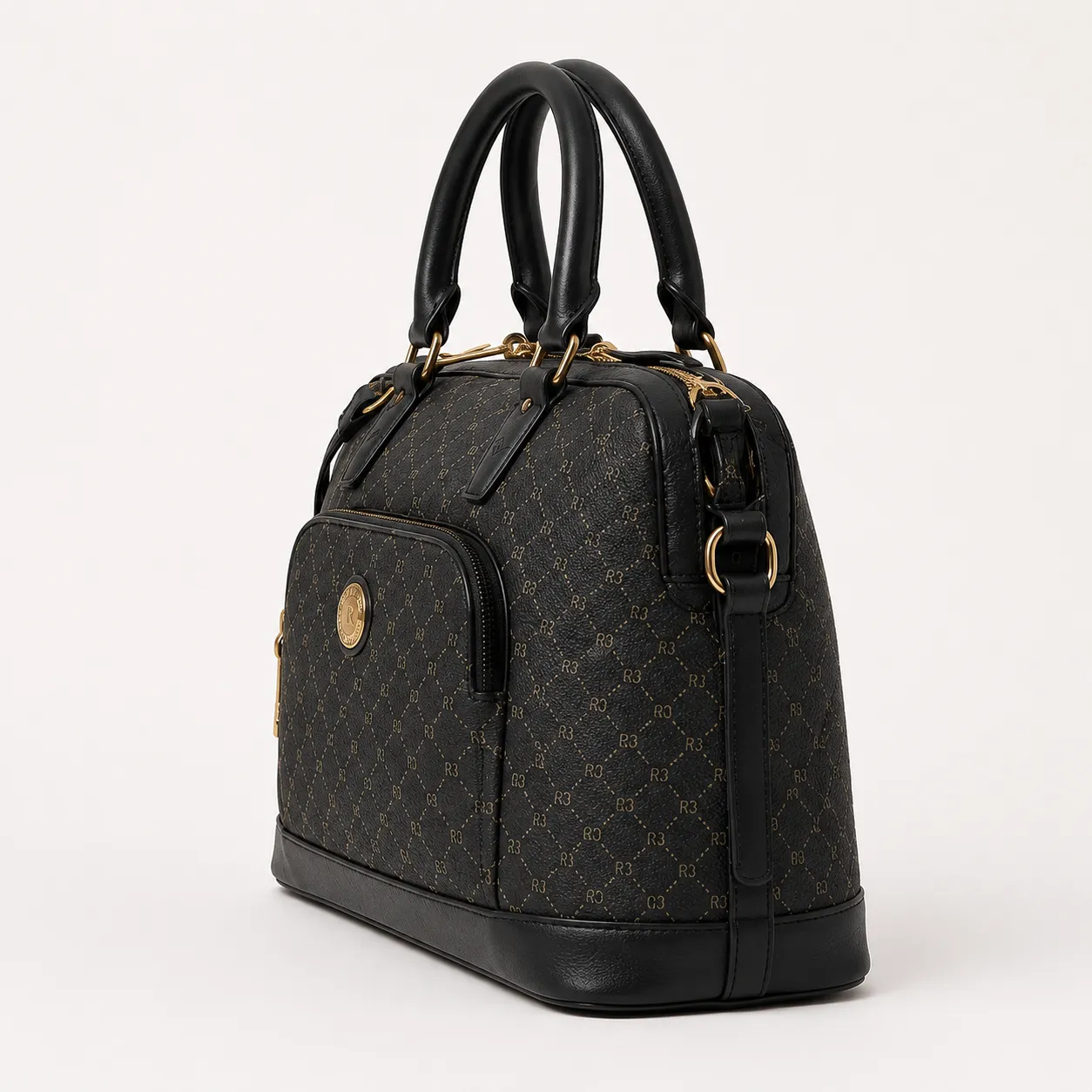 Rioni Signature Dome Handle Bag – Black Monogram Canvas